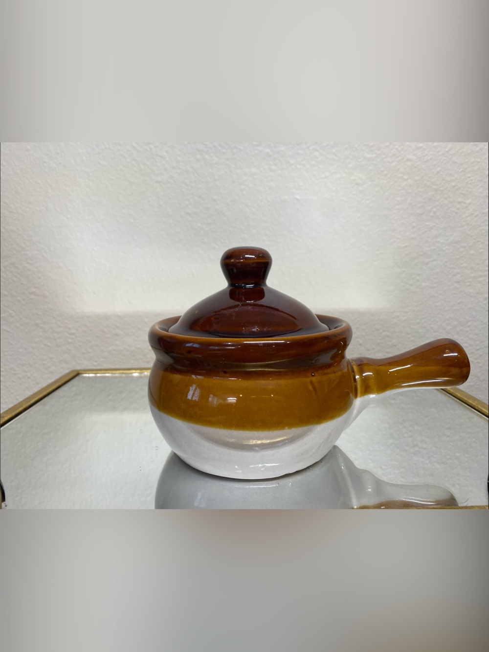 Glazed Ceramic Honey Pot with Lid - Brown and Cream